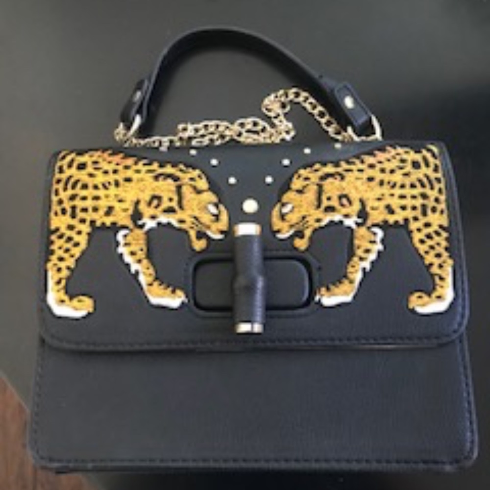 Neiman Marcus Medium Sized Black Embroidered Leopard Bag